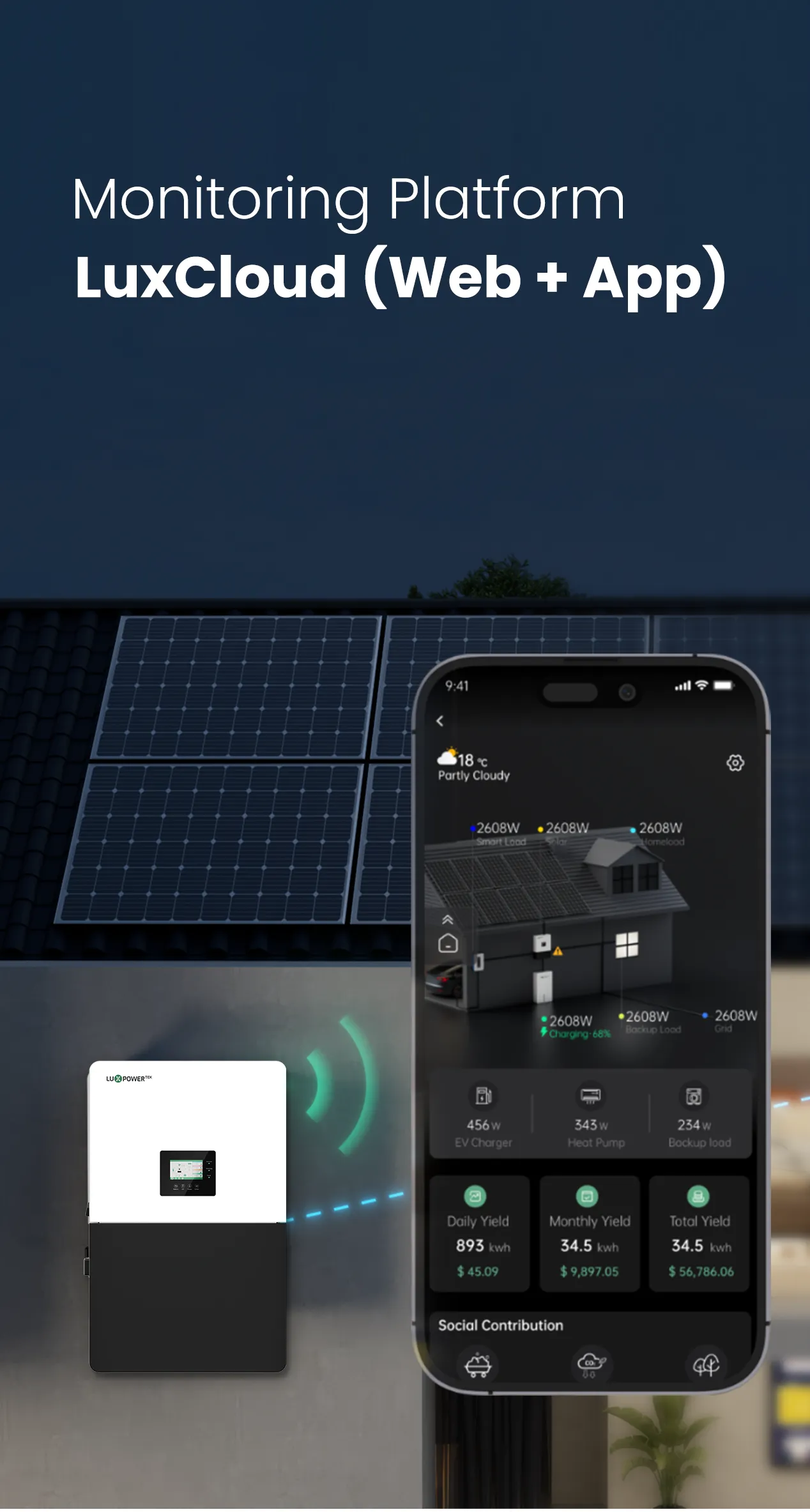 LuxpowerTek hybrid inverter and home battery storage system feature graphic